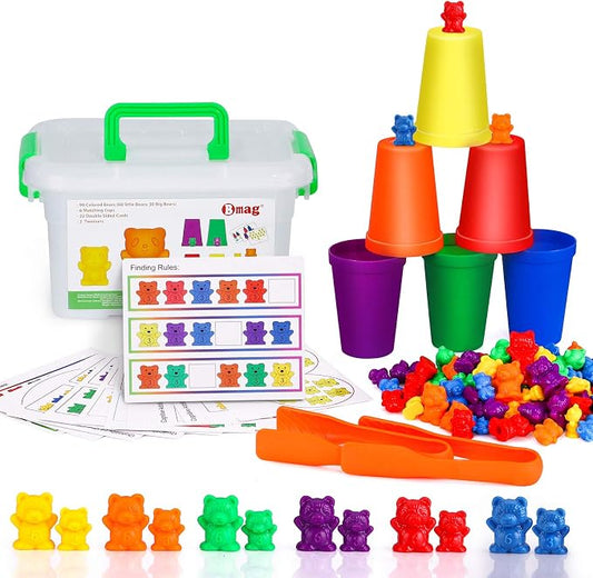 Bmag Counting Bears with Matching Sorting Cups,Number Color Recognition STEM Educational Toy for Toddler, Pre-School Learning Toy with 90 Bears,2 Tweezers,11 Activity Cards,1 Storage Box by BMAG