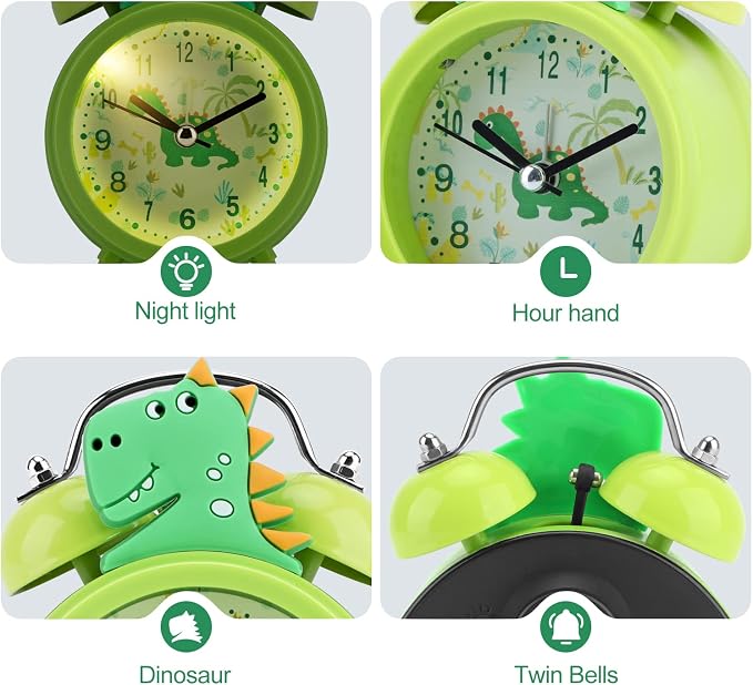 TCJJ Dinosaur Alarm Clock for Kids, Cool Bedroom Decoration, Non Ticking Silent Second Hand, w/Backlight Super Loud Twin Bell, for Kids Dinosaur Gifts (Green) - Image 3