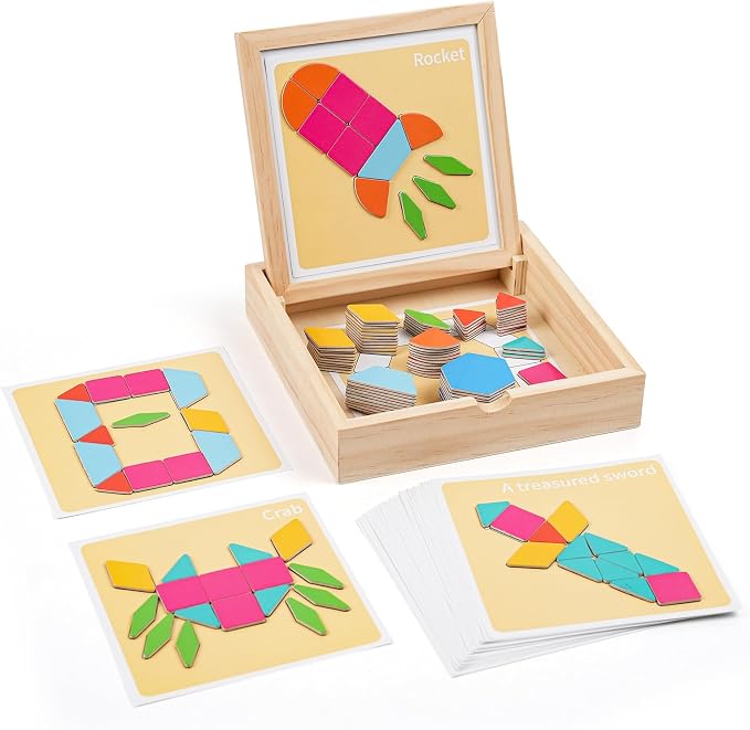 130 Pcs Wooden Magnetic Pattern Blocks Set for Kids & Kids Ages 4–8 by ODRIEW
