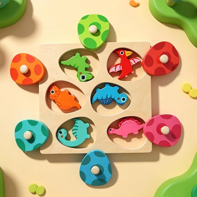 Wooden Dinosaur Egg Peg Puzzle, Montessori Color Matching Learning Toy, Fine Motor Skills Developmental Game, Early Educational Sensory Gifts for 12-18 Months, 1 2 Year Old Toddler Boys Girls - Image 7