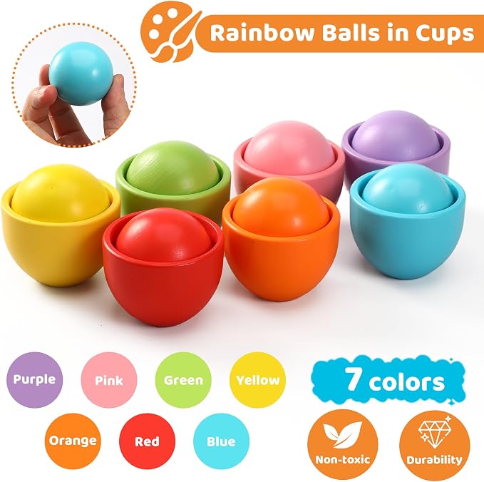Montessori Larger Ball in Cup Color Sorting Toy for Toddlers Wooden Rainbow Ball Color Matching Toy - 7, 46mm - Image 4