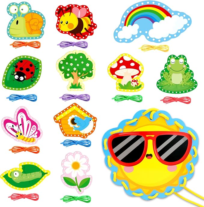 Omlisca Springtime Lacing Cards for Kids 12 Packs Double Sided Sewing Kits Flower Rainbow Butterfly Sewing Cards Educational & Learning Activities Fine Motor Skill for Preschool Supplies Spring Decor by Omlisca