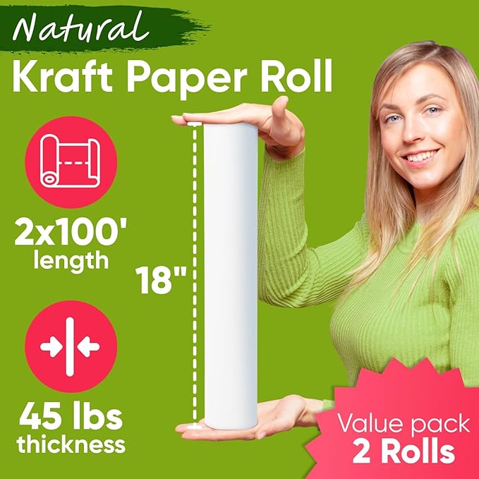 18" x 1200" (100 ft) White Kraft Paper Roll (Value Pack of 2), 45 lbs Thickness, Made in USA Colored Kraft Paper for School, Bulletin Board - Odorless, Non-Toxic, Safe for Kids
