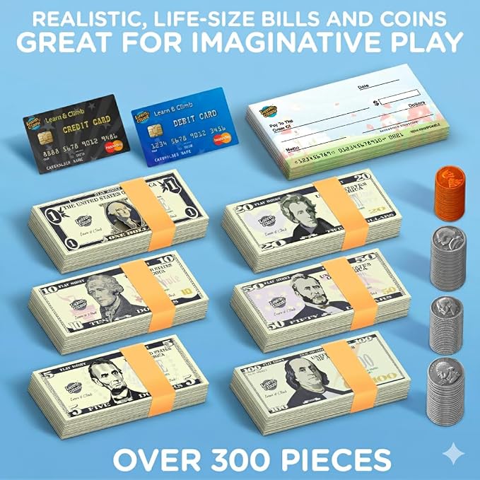 Play Money Set for Kids - Includes: Bills, Coins, Credit Card and Checkbook - Image 3