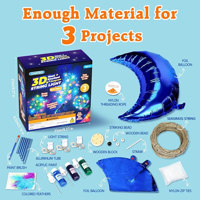 CHARTEKS 3D String Light Craft Kit for Kids, String Art Kit with LED Bulbs and Wind Chime, Arts and Crafts Set, Birthday Gifts for Girls Boys Ages 8+ (with Paint, Seagrass String)