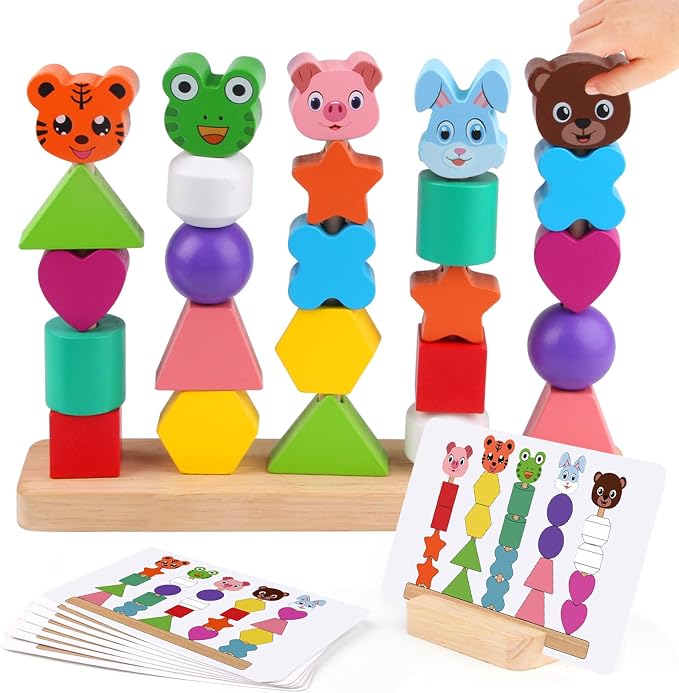 Vinlon Montessori Toddler Game Toys for Boys Girls 2 3 4 Years Old, Cute Animal Vivid Colors Shape Sorting & Stacking Toy Building Blocks Early Learning Educational Toys Easter Basket Stuffers by Vinlon