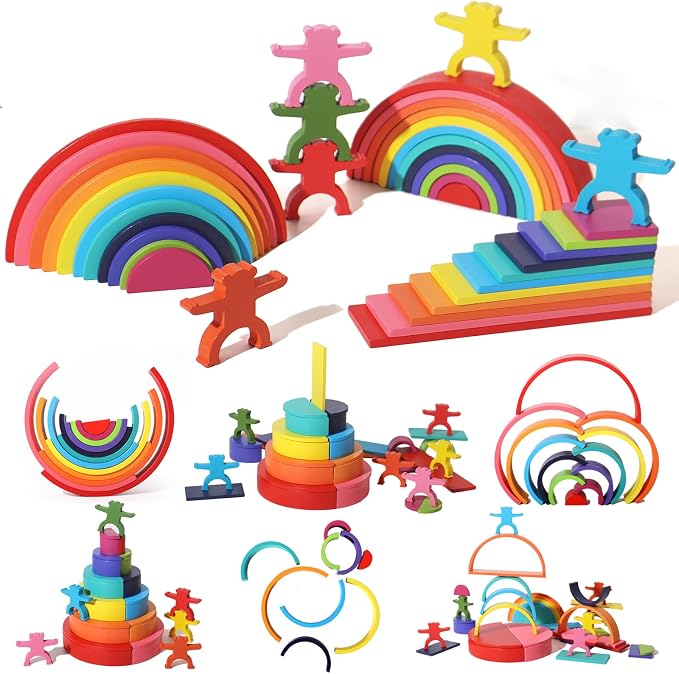 Dinhon 40-Piece Wooden Rainbow Stack Set, 4-in-1 Building Blocks preschoolers Early Development & Activity Toys Montessori Toys for Kids 1 2 3 4 Years and Older Gifts for Boys and Girls - Image 2