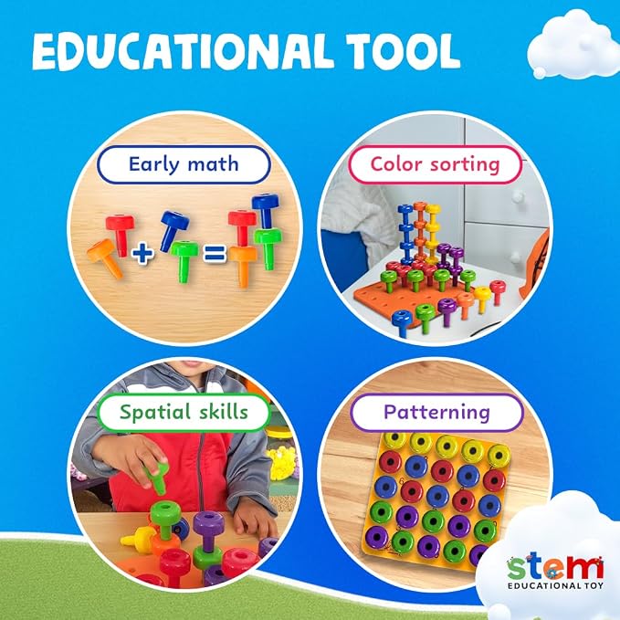 Skoolzy Peg Board Set, Montessori, 33 Pc Plastic, Pegs, Dice, Lacing - Image 4