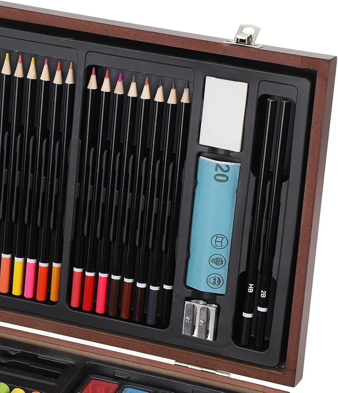 ZAICOLER 158 PCS Deluxe Art Set, Wooden Box Painting Drawing Kit with 2 Sketchbooks 24 Paints Oil Pastels Colored Pencils Crayons Brushes for Kids Teens Adults Artists Beginners