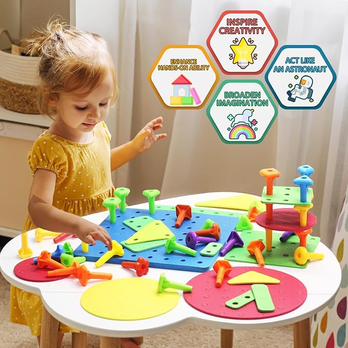 Ggiibro Peg Board Toy Set 101Pcs DIY Building Stacking Toys for Kids 3-6 Years Old,STEM Educational Kids Toy for Brain Development,Montessori Sensory Toys,Plastic Lacing String Game - Image 9