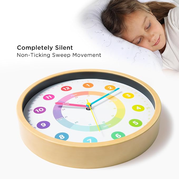 LittleHippo Learning Wall Clock for Kids for Classroom, Bedrooms, Nursery, Playroom - Kid's Analog, Silent, Non-Ticking Clock for Teaching to Tell Time, Study to Learn to Tell Time - Image 5