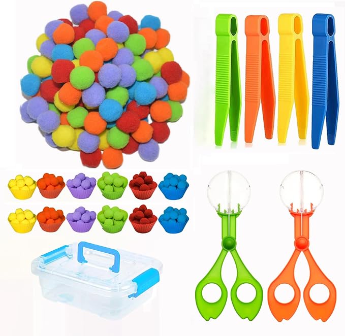 119Pcs Kid Tweezers fine Motor Skills Set,Helping Hands fine Motor Tool Set，Includes 100 Pcs Pompoms,12 Cups,4 Tweezers,2 Clips,1 Storage Box for Counting Sorting Training by Unknown