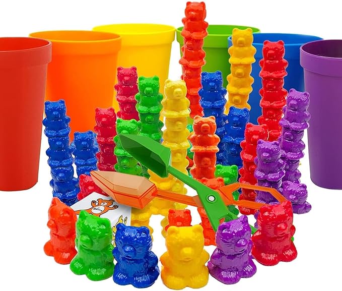 Skoolzy Rainbow Stacking Bears & Sorting Cups, 69 Pc Set, Storage Bag by Skoolzy