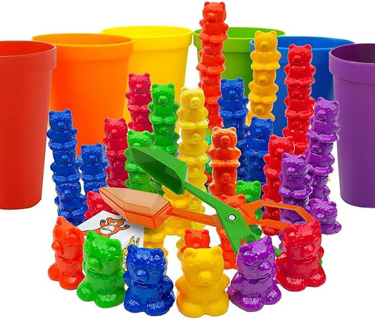 Skoolzy Rainbow Stacking Bears & Sorting Cups, 69 Pc Set, Storage Bag by Skoolzy