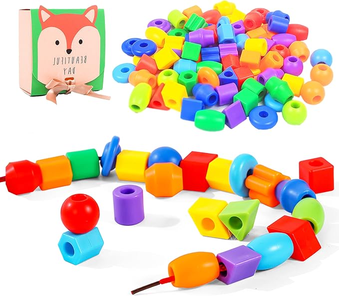 KUTOI Plastic Lacing Beads for Kids with Fun Shapes, Long String, and Brilliant Colors, Educational Occupational Therapy Toys-Fine Motor Toys，Montessori Toy for 3 Year Old and Above（70 pcs） by KUTOI