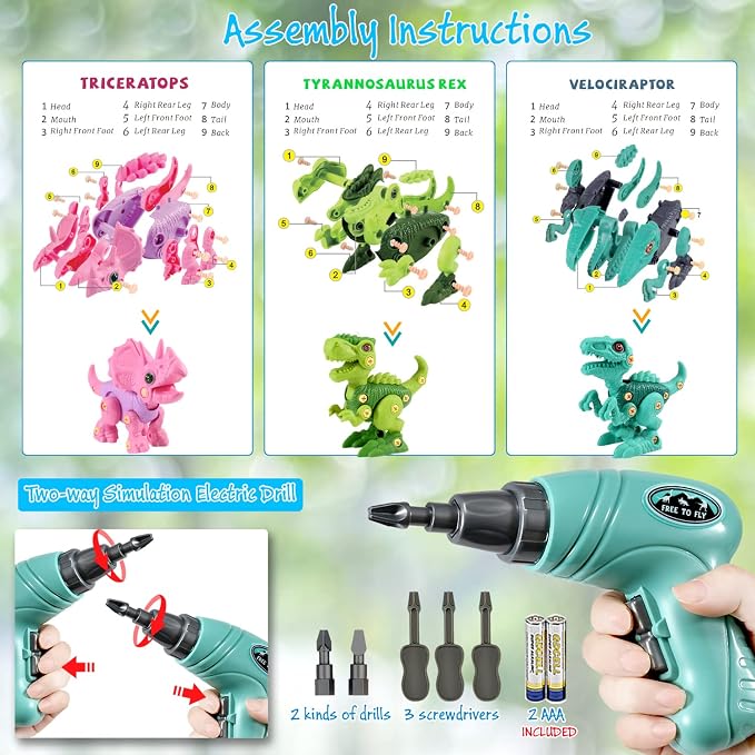 FREE TO FLY Dinosaur Toys for 3 4 5 6 Years Old Girls, Take Apart Dinosaur Learning Toys for Kids 3-5 5-7, STEM Building Construction Set with Electric Drill, Birthday Ideas - Image 4