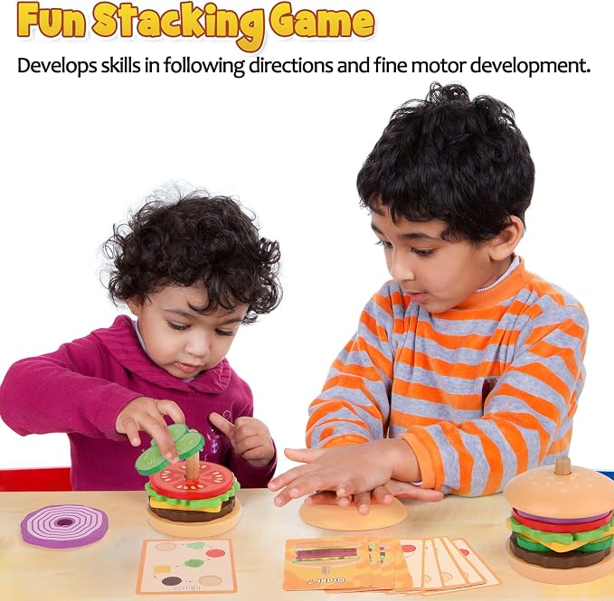 Aizweb Montessori Toys for 3 Year Old - Wooden Burger Stacking Toys for Toddlers and Kids Preschool, Educational Toys, Fine Motor Skill Toy, Blocks for Toddlers, Learning Toys - Image 2