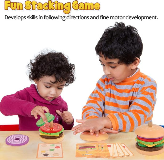 Aizweb Montessori Toys for 3 Year Old - Wooden Burger Stacking Toys for Toddlers and Kids Preschool, Educational Toys, Fine Motor Skill Toy, Blocks for Toddlers, Learning Toys - Image 2