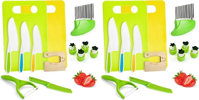 Chanking 13 Pieces Kids Safe Knife Set for Real Cooking Child-Friendly Plastic Chef Tools Montessori Kitchen Toys for Toddlers Birthday Gifts for Boys and Girls Ages 4+ (A) (Pack of 2) by Chanking