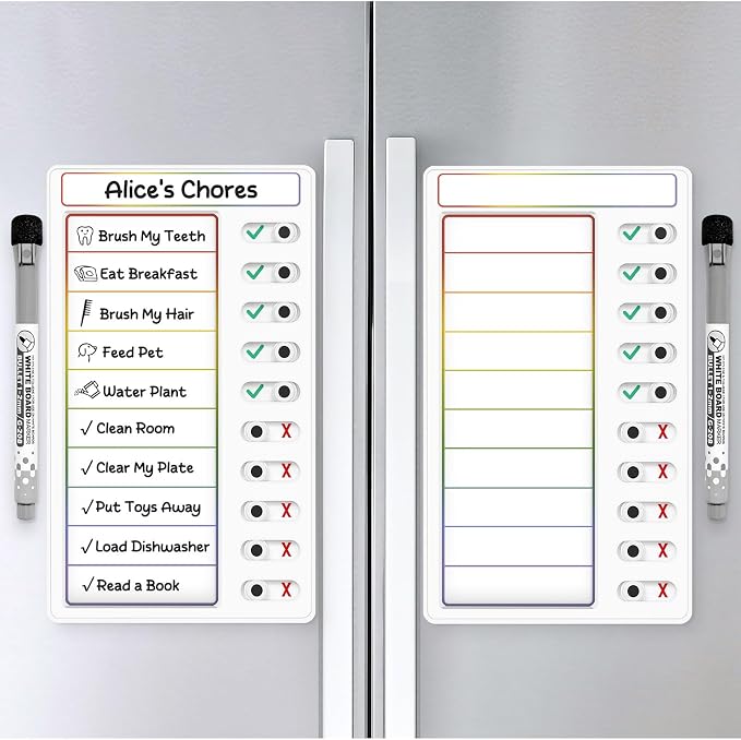 2 Pcs Chore Chart: Dry Erase My Chores Slider Chart, Magnetic Visual Schedule for Fridge, Daily Checklist - ADHD Tools: To Do List and Routine Chart for Multiple Kids (Rainbow 2-Pack) by Jupyn
