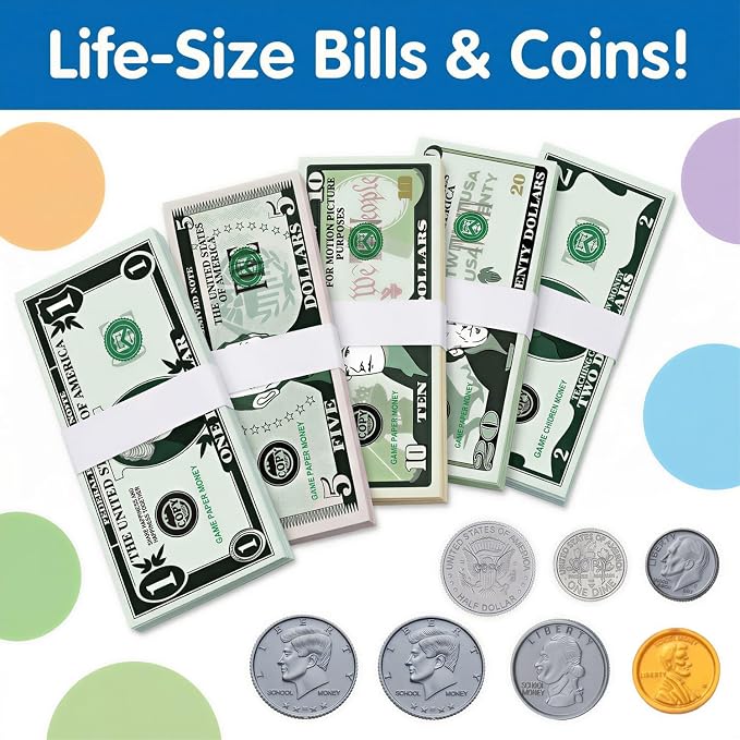 600 Pcs Fake Money for Kids - Realistic Play Money Bills & Plastic Coins - Math Manipulatives & Classroom Currency Set for Grocery Store, Bank, & Board Games - Educational Counting Toy, Ages 3+ - Image 3