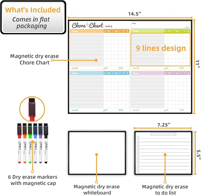 JJPRO Magnetic Dry Erase Chore Chart Set for Fridge-Used for Multiple Kids-One Chore Chart and Two Bonus Dry Erase Pad/Grocery Boards-Behavior Chart for Multiple Kids - Image 2