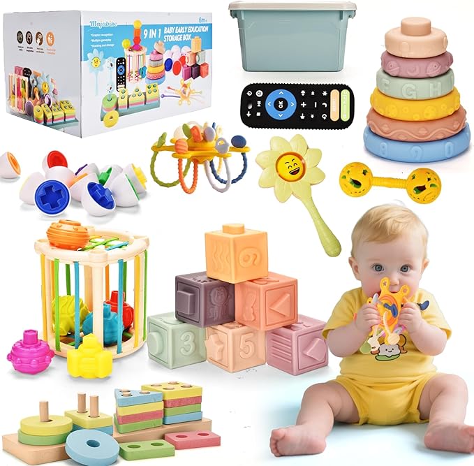 Baby Toys 6 to 12 Months 9 in 1 Montessori Teething Toys Sorting Sensory Educational Learning Gift for Toddlers Aged 1-3 by Majabike
