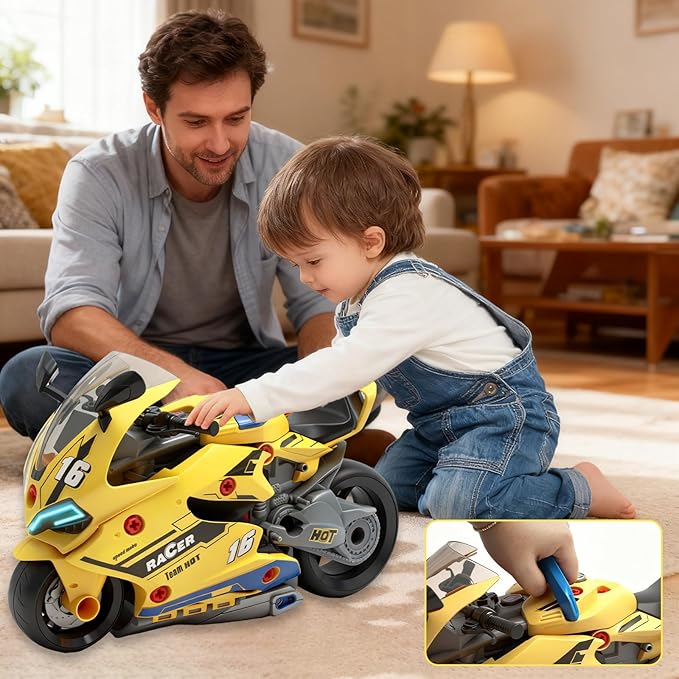 Take Apart Motorcycle Toys Kit, Motorcycle Model Toys for Kids Mechanic,Motorcycles Toy with Light, Sound & Spray for Toddlers 3+ Kids,Interactive Toy Engine Building Kit, Yellow
