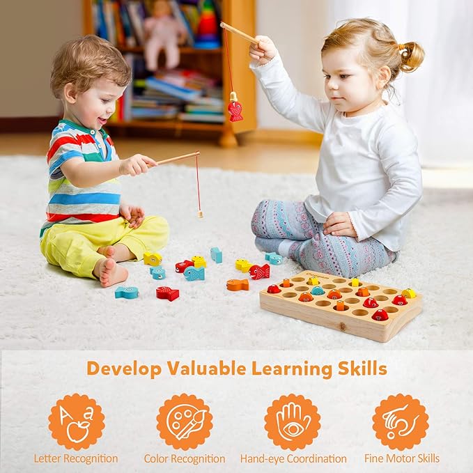 Coogam Wooden Magnetic Fishing Game, Fine Motor Skill Toy ABC Alphabet Color Sorting Puzzle, Montessori Letters Cognition Preschool Gift for Years Old Kid Early Learning with 2 Pole - Image 5