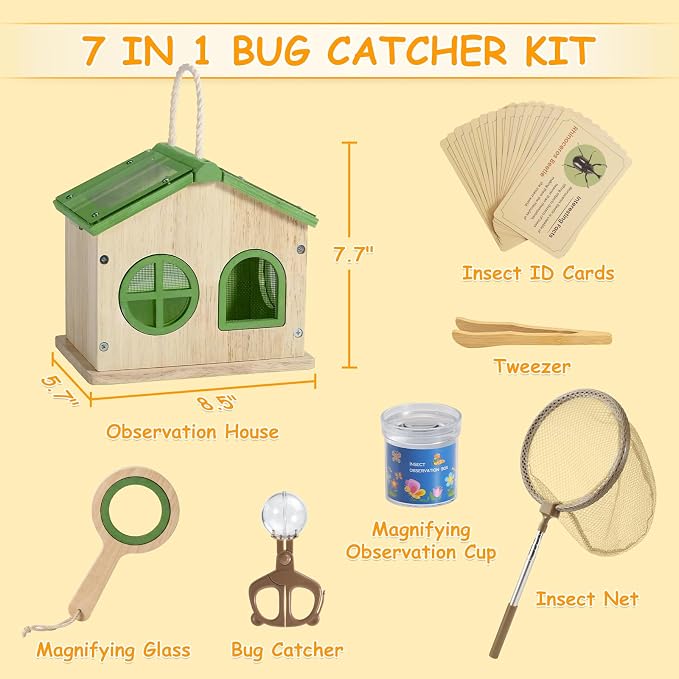 SainSmart Jr. Bug Catcher for Kids - Wooden Bug Habitat with Magnified Viewer, Butterfly Net, Observation Box, Tweezers & 15 Cards, Outdoor Toys & STEM Toys for Boys & Girls Ages 3+, Green - Image 6