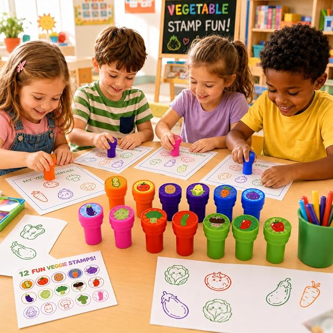 Cinrobiye 24 Pcs Vegetable Stampers Party Favor Set, Cute Veggie Stamps for Kids Birthday Party, Classroom Rewards, Educational Learning Toys, Goody Bag Fillers, Healthy Food Party Supplies - Image 7
