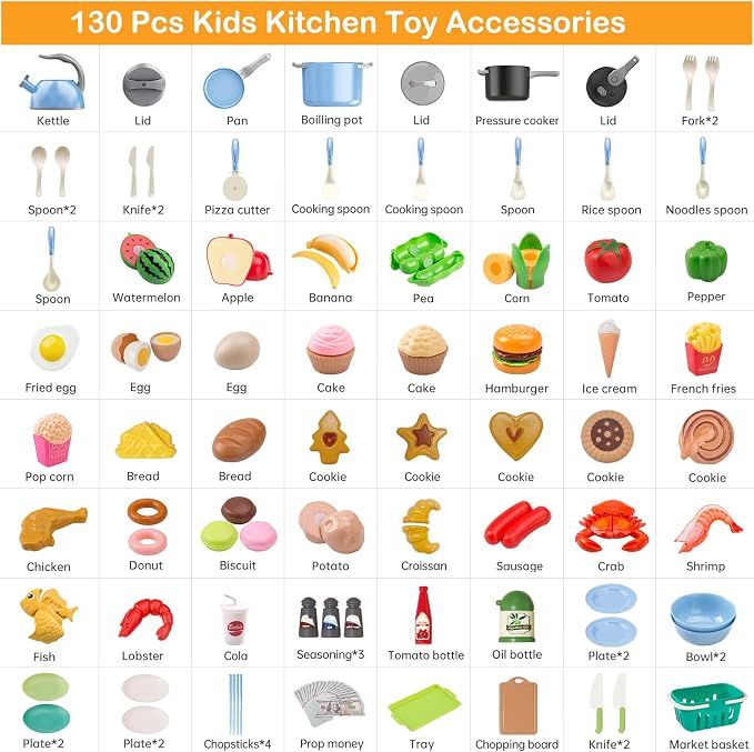 130Pcs Kitchen Playset, Toddler Pretend Cooking Play Pots, Pans, Utensils Cookware, Daily Food Fruit Veges, Shopping Storage Basket, Dessert, Prop Money, Learning Gift for Child (Blue) - Image 2