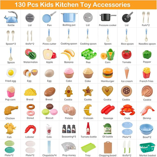 130Pcs Kitchen Playset, Toddler Pretend Cooking Play Pots, Pans, Utensils Cookware, Daily Food Fruit Veges, Shopping Storage Basket, Dessert, Prop Money, Learning Gift for Child (Blue) - Image 2
