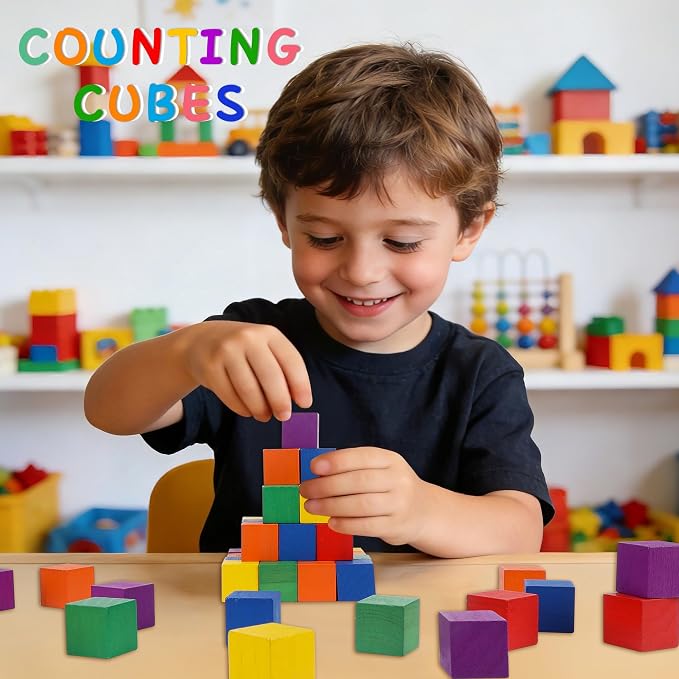 Offelec 108 Pack 1 Inch Wooden Blocks, 6 Colors STEM Math Sorting Toys, Wood Building & Stacking Blocks for Toddlers, Classroom Learning Wooden Cube Blocks, Creative Play & DIY Craft for Kids Ages 3+ - Image 7