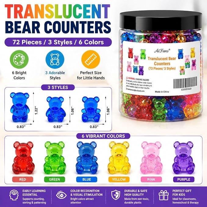 Counting Bears for Kids, 72 PCS Math Counters with Storage Box, Montessori Color Sorting & Counting Toys for Toddlers, Preschool Educational Math Manipulatives for STEM Learning (3 Styles) - Image 3