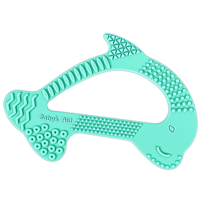 Dolphin Silicone Teether Toy with 8 Texture Zones, Easy Grip for Little Hands, Ages 3M+, Baby’s Aid (Aqua Mint)