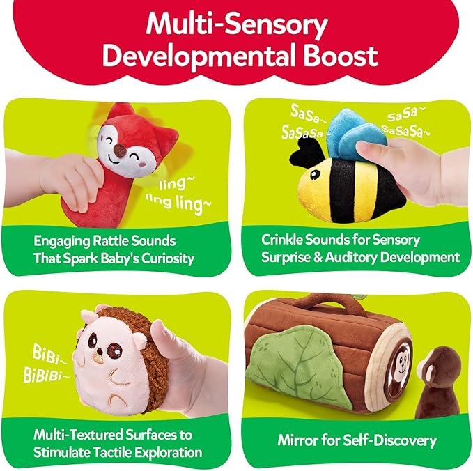 Baby Toys 6-12 Months - Jungle Soft Plush Animal Set with Rattle Squeaker Mirror, Cause & Effect Montessori Sensory Toys for Babies 7 8 9 10 11 Months, Newborn Gifts for Baby Boy Girl Infant