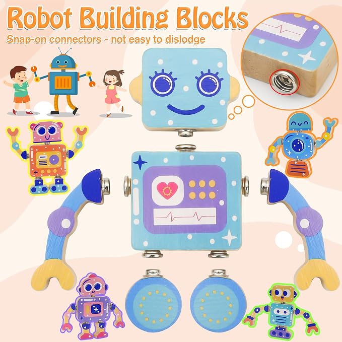28-Piece Wooden Snap-Together Take-Apart Robot Building Blocks for Kids 3-6 - Image 5