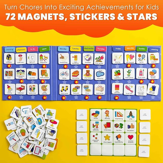 QUOKKA Magnetic Chore Chart for Kids with 72 Routine Magnets & Star Rewards - Foldable Visual Daily Responsibility Schedule and Behavior Chart for Kids - Help Kids Build Good Habits and Independence - Image 2