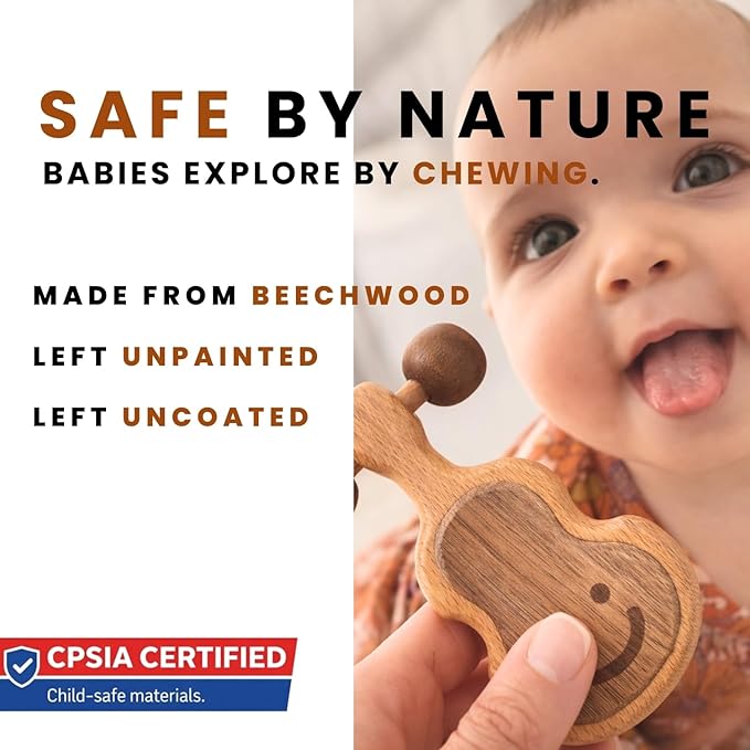 Wooden Montessori Sensory Baby Toy for 0-12 Month - Natural Wood Baby Teether & Rattle - Handcrafted Organic Teething Toy - CPSIA Certified Safe BPA Free No Paint No Plastic - Baby Boy Girl Gift