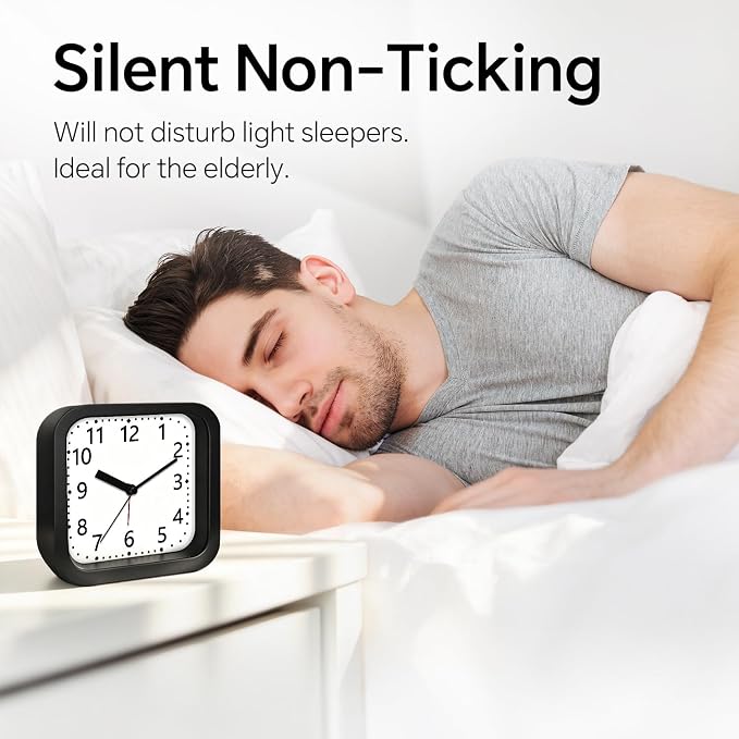 Loud Alarm Clock for Heavy Sleepers, 4.5" Simple Square Analog Alarm Clocks with Silent Movement Battery Operated Easy-to-Read Dial, Plastic Small Desk Clock for Bedroom Teens Seniors, Black - Image 2