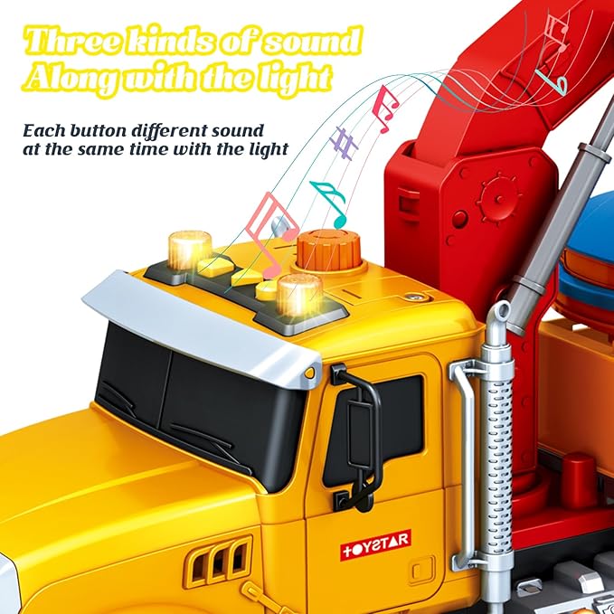 Friction Powered 15 Inch Large Tow Truck Toy with Lights & Sounds, Movable Crane Arm, Tilt Ramp & Roadster - Vehicle Play Set Gift for Boys Girls Kids Ages 3-7