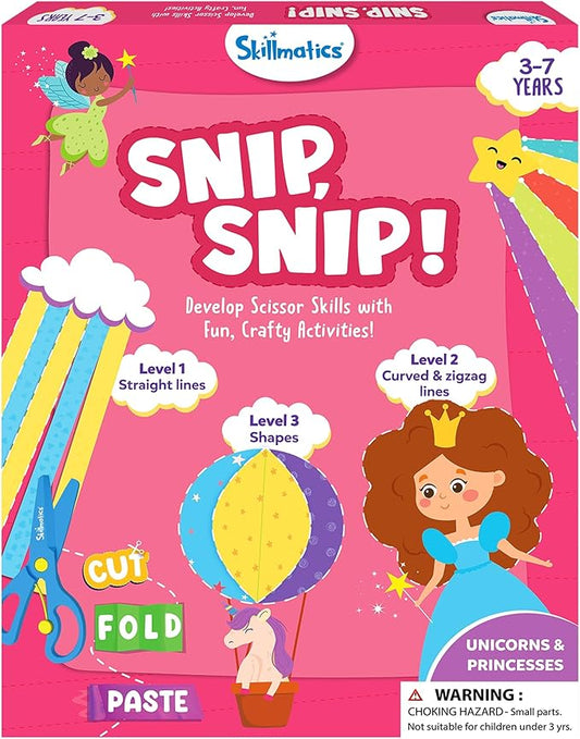 Skillmatics Scissor Skills Activity Book - Snip Snip Unicorns & Princesses, 25 Fun Cutting & Creative Activities for Preschoolers, 2 Child-Safe Scissors, Felt Craft Kit, Gifts for Ages 3, 4, 5, 6, 7