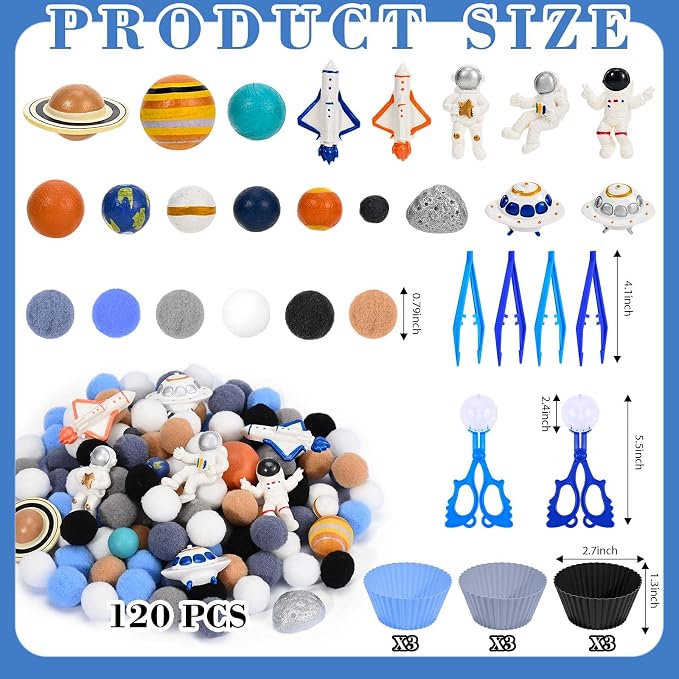 Sanixn 152 Pcs Space Sensory Bin Fillers Outer Space Fine Motor Skills Astronauts Sensory Bin Item Pompoms Cups Tweezers Scissor Clips for Preschool Education Activities Sorting Counting(Space) - Image 2