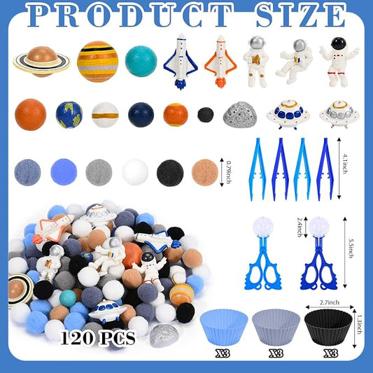 Sanixn 152 Pcs Space Sensory Bin Fillers Outer Space Fine Motor Skills Astronauts Sensory Bin Item Pompoms Cups Tweezers Scissor Clips for Preschool Education Activities Sorting Counting(Space) - Image 2