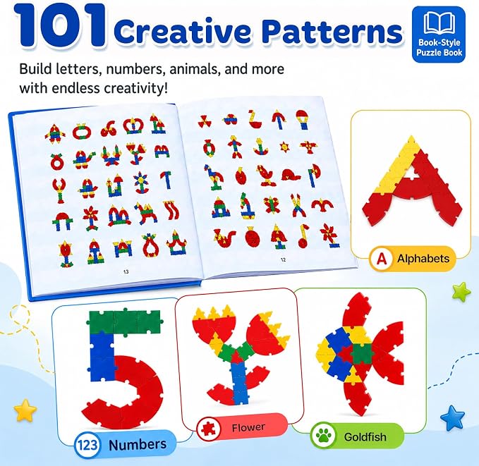 PRE-WORLD Pattern Blocks, 30 Pcs Interlocking Geometric Puzzle Kids 3+,IQ Puzzle Book, 101 Patterns, Non-Toxic Plastic, Math & Geometry Learning, Portable Storage for Home, Travel, Classroom - Image 6