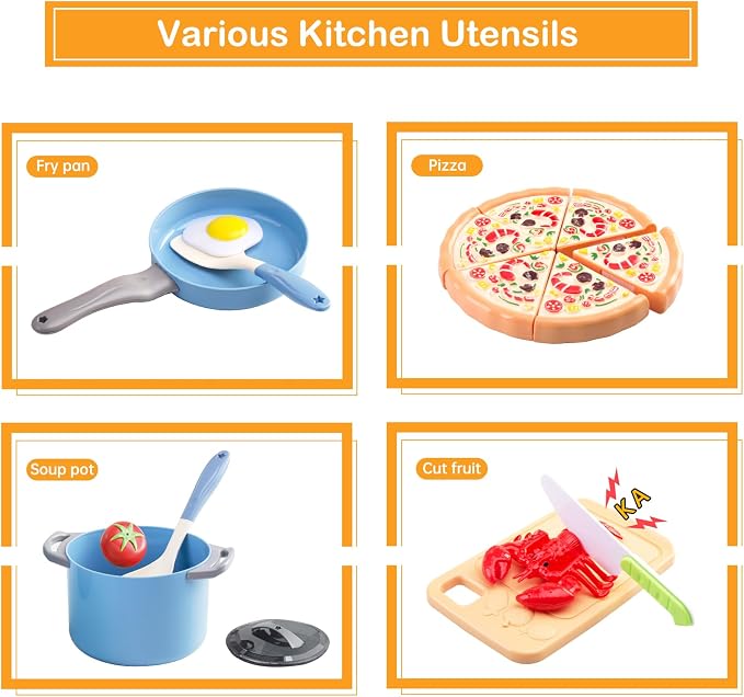 80Pcs Kitchen Playset, Toddler Pretend Cooking with Pots, Pans, Cookware, Food, Picnic Blanket, Fruits, Veges, Shopping Storage Basket, Dessert , Learning Gift for Girls Boys (Blue) - Image 5