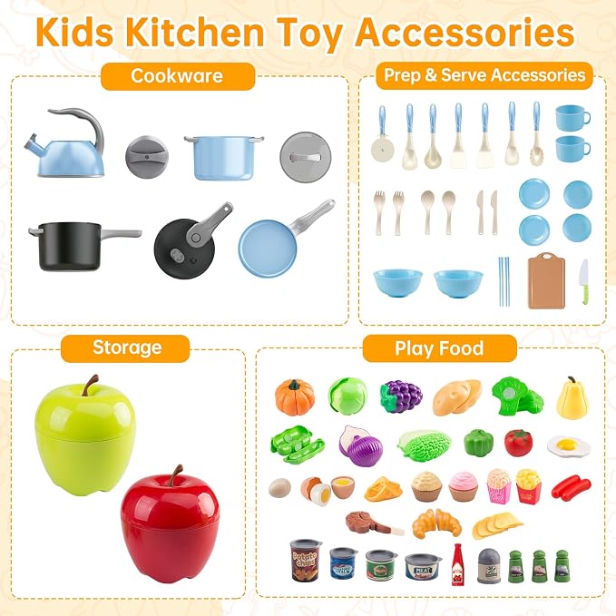100Pcs Kitchen Playset, Kids Pretend Cooking Play Pots, Pans, Utensils, Cookware, Toy Food Fruits Veggies, with 2 Large Apple - Shaped Storage, Toddler Cooking Learning Gift (Blue - Image 3