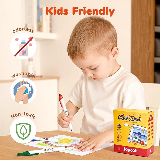 JoyCat Click & Draw Washable Markers for kids with Retractable Tips,40 Colors Markers Set,retractable marker for Toddlers Kids, Ideal arts & crafts supplies,coloring markers,Holiday Gifts for Kids.