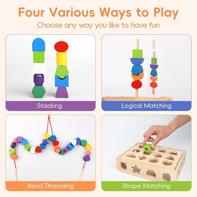 Sewulidon 3 in 1 Wooden Color Sorting Stacking Toys, Montessori Toys Geometric Shape Sorter Matching Lacing Beads Sequencing Toy Set Preschool Learning Fine Motor Skills for Toddlers 3 4 5 Years - Image 2